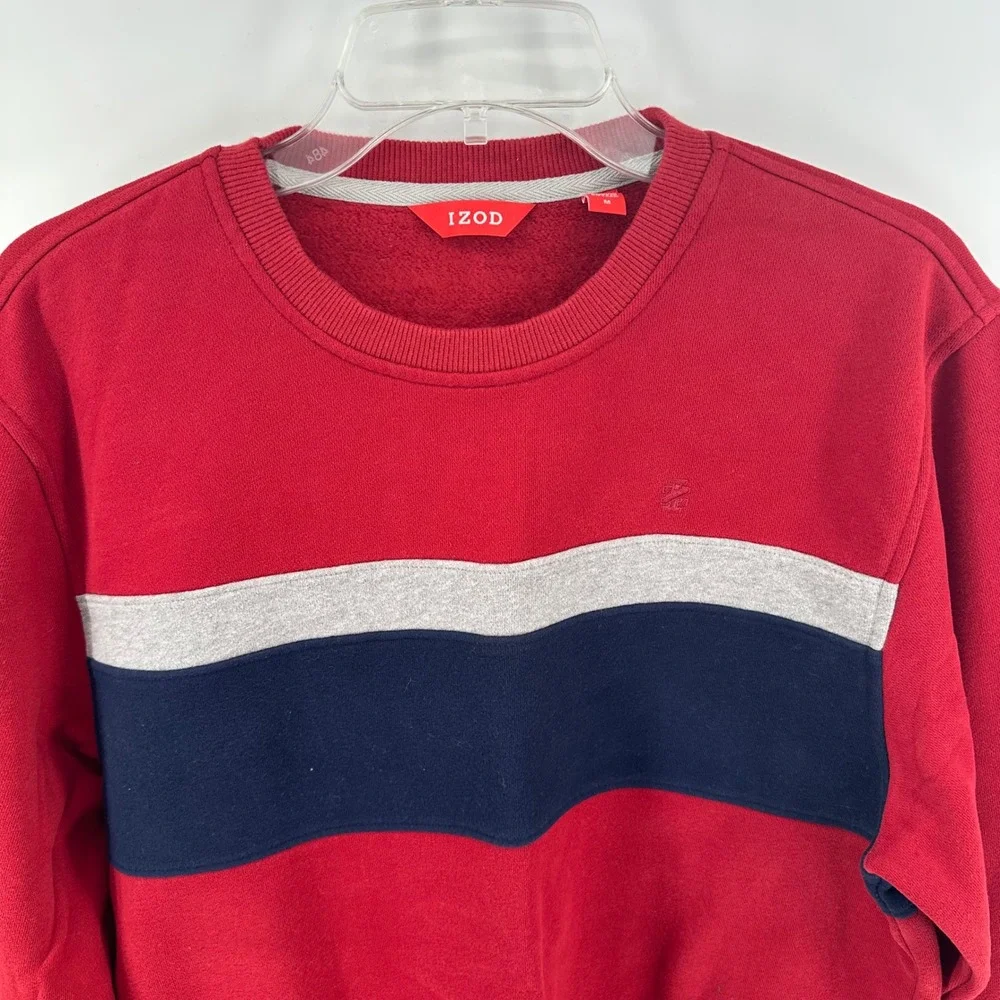 IZOD Mens Red Colorblock Stripe Crewneck‎ Sweatshirt Fleece Pullover Medium